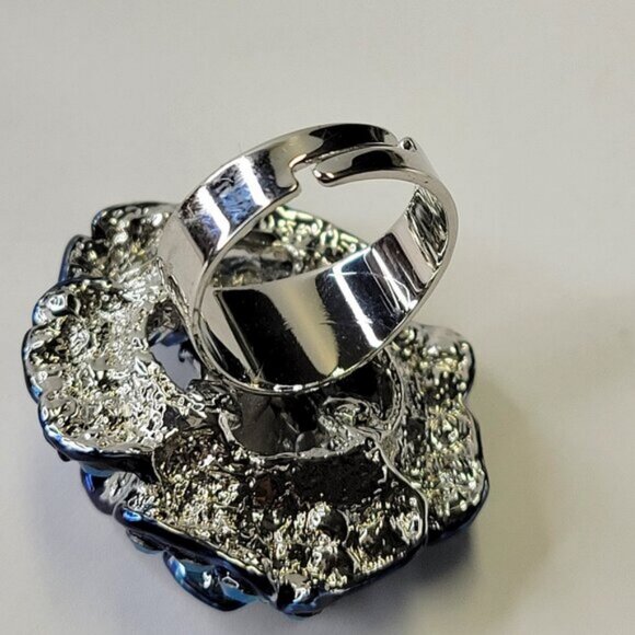 Statement Blue Rhinestone floral Ring with Adjustable Band - Picture 4 of 8